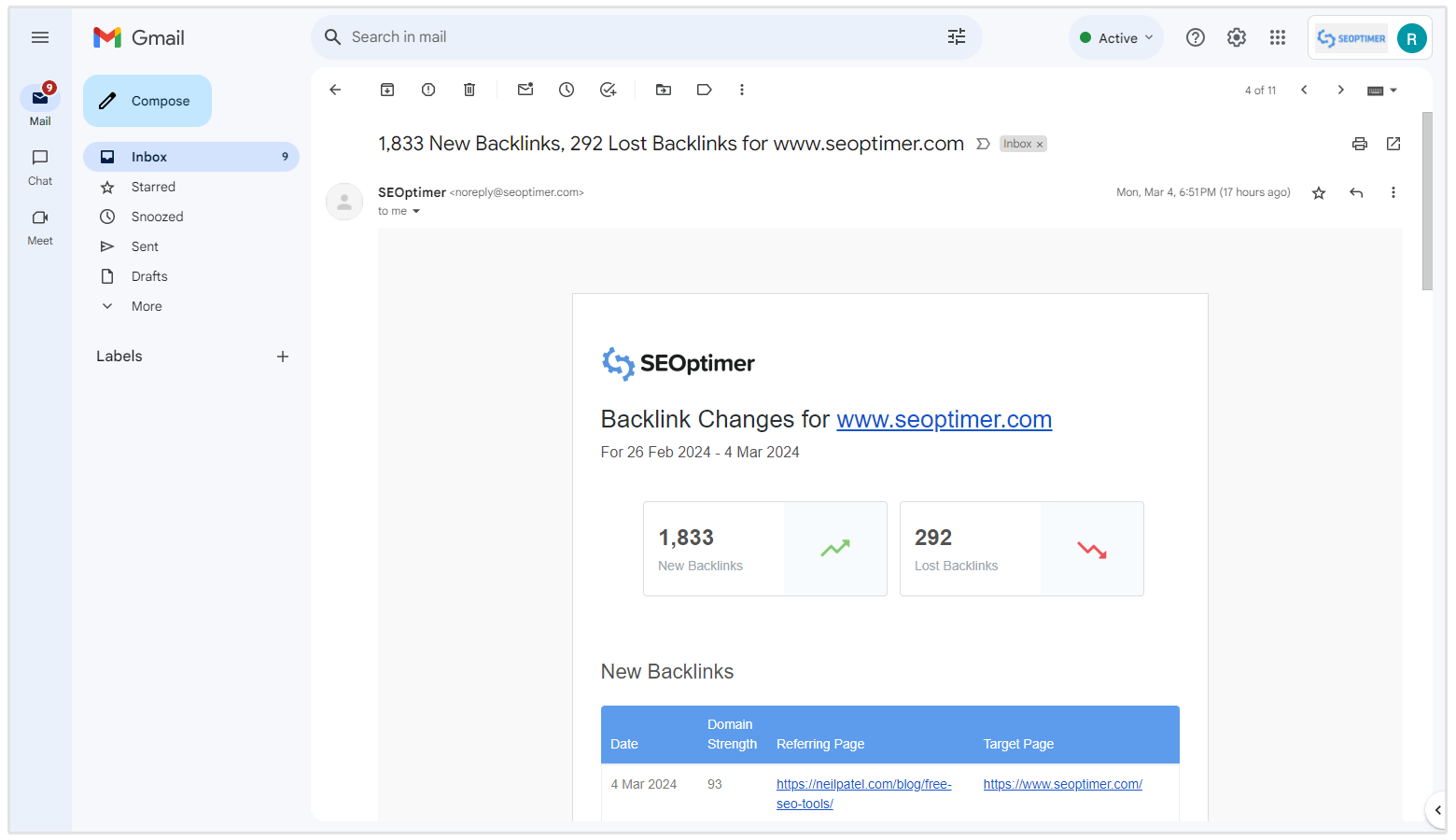 resumen de correo electrónico de cambios en backlinks